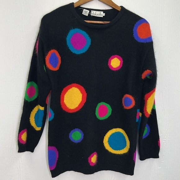 Rafaella - Vintage Rabbit Lambswool Retro Bright Circle Shapes Black Sweater SM - Picture 7 of 10